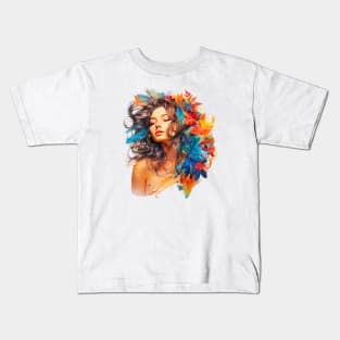 Boho Chic Goddess, Enchanting Feather Headdress Woman (Vibrant) Kids T-Shirt